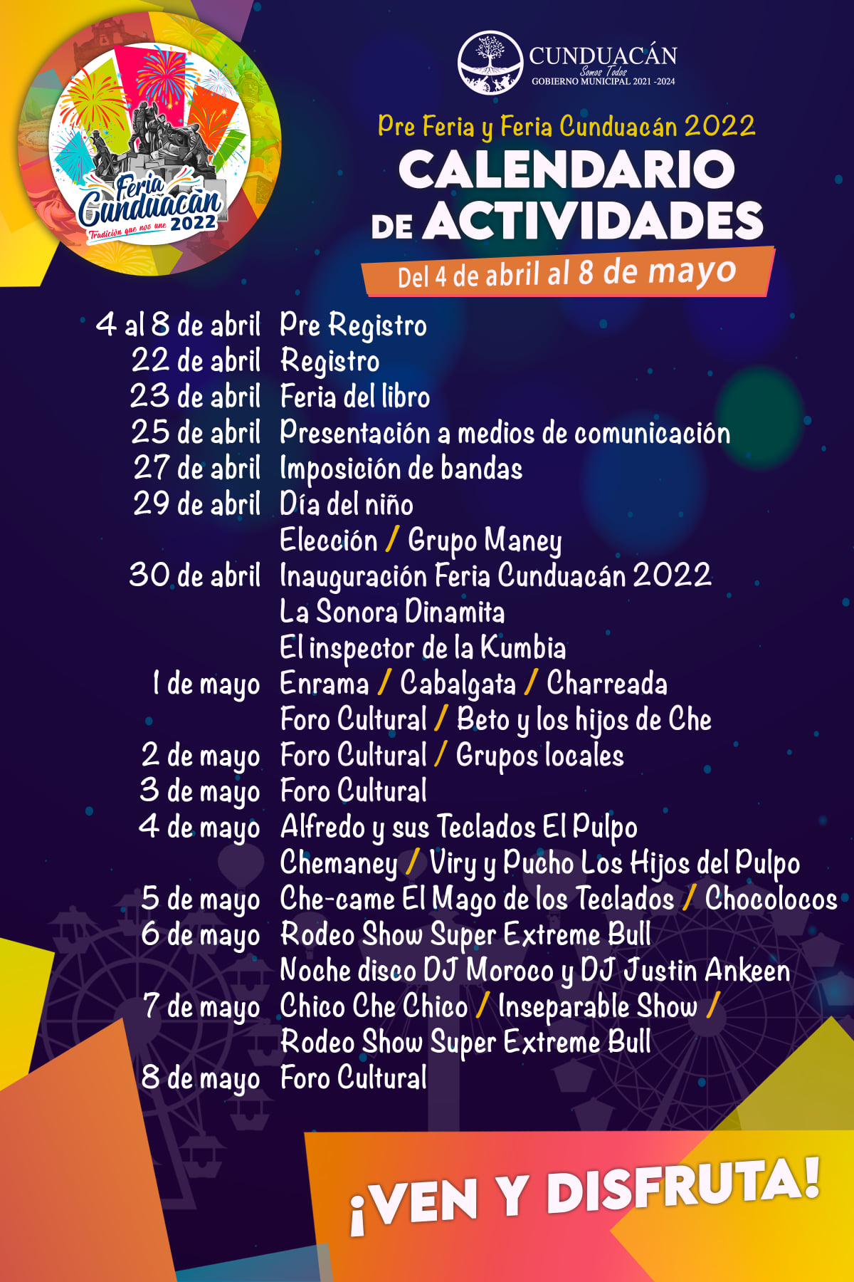 Calendario de actividades para la Pre Feria y Feria Cunduacán 2022